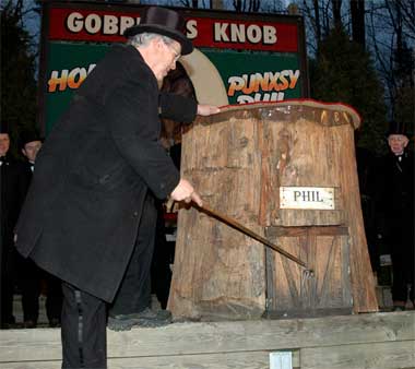 Knocking at the door of Punxsutawney Phil's house.
